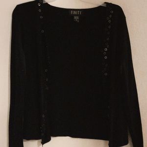 Finite black sweater, fancy button pattern, size S